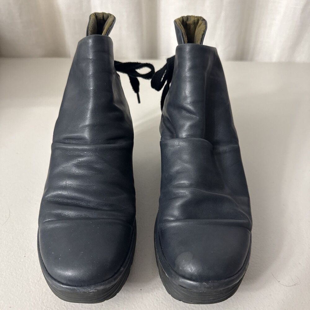 Fly London Yama Navy Blue Leather Wedge Ankle Boot Size EU 37 or US 6-6.5